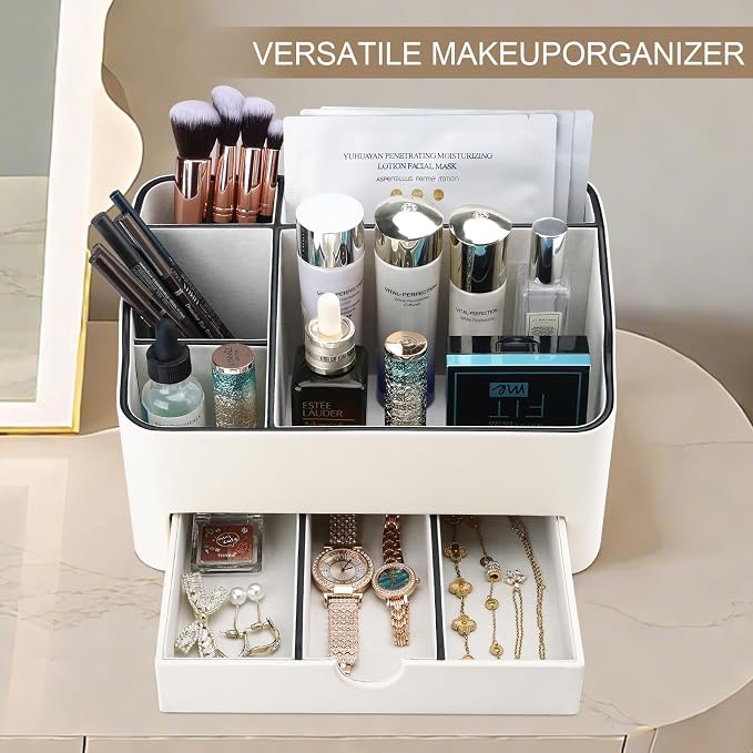 PU Leather Desk Organizer with Drawer, 5 Compartments Desktop Storage Caddy for Office Home Supplies, Pen Holder for Remote Control, Phone & Accessories, Mail Organizer Countertop Ivory White - Image 5