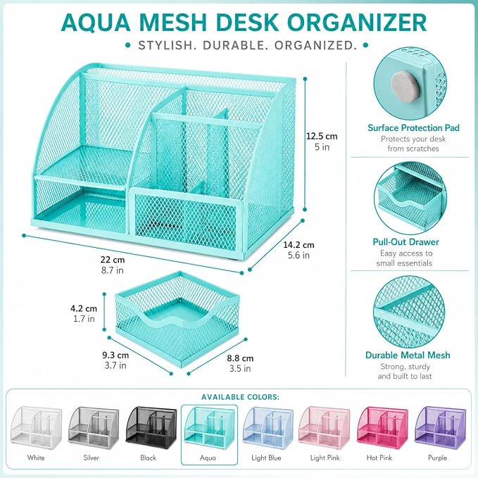 Exerz Desk Organizer 7 Compartments Metal Mesh Pen Holder Turquoise | Fresh Desktop Storage for Notes Clips Scissors Rulers Craft Tools Makeup Study Supplies and Home Use - Image 4