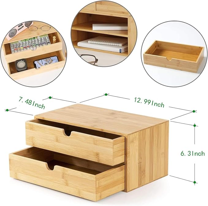 Bamboo Desk Drawer Organizer, Large Desktop Organizer with Drawers Tabletop Storage Organization Box for Office Home Toiletries Supplies Vanity, No Assembly Required (2 Drawer) - Image 3