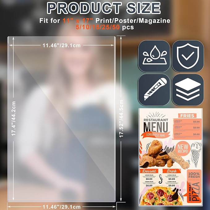 AKONEGE 10Pcs 11" x 17" Rigid Print Protectors Hard Plastic Sleeves for Prints, Menu Cover, Heavy Duty Sheet Poster Protectors Clear Plastic Sleeves for Paper Photos Documents Magazines, Vertical - Image 2