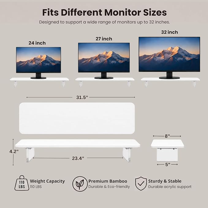 Bamboo Monitor Riser, Wide Desktop Monitor Stand for Desk with Clear Acrylic Legs, 31.5 x 8 inch Bamboo Wood Shelf, Fit Keyboard, Home Office Workspace Accessories, Study Stationaries Storage (White) - Image 2