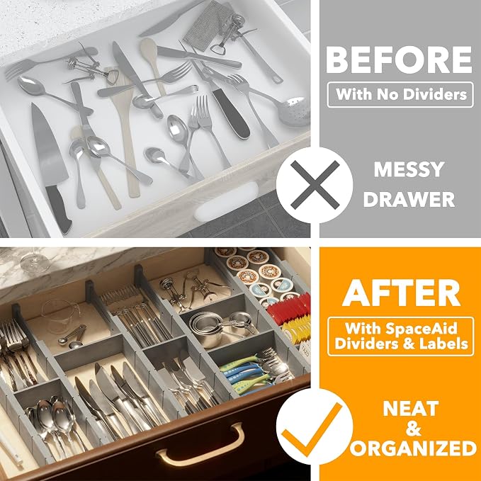 SpaceAid Bamboo Drawer Dividers with Inserts and Labels, Kitchen Adjustable Drawer Organizers, Expandable Organization for Home, Office, Dressers, 7 Dividers with 15 Inserts (17"-22" Gray) - Image 2