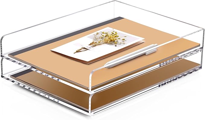 SANRUI 2 Tier Acrylic Stackable Paper Letter Tray, Vertical A4 File Desk Organizer and Accessories Sorter Tray, Clear Workspace Office Supplies Organizers, 12inx9.25inx3.42in by SANRUI