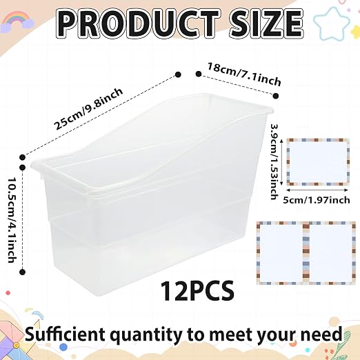 gisgfim 12 Pack Large Book Bins with Labels (Clear) | Durable Plastic,Stackable Magazine Organizer,Storage Bins for Classroom,Library,Office,Bookshelf Categorization - Image 2