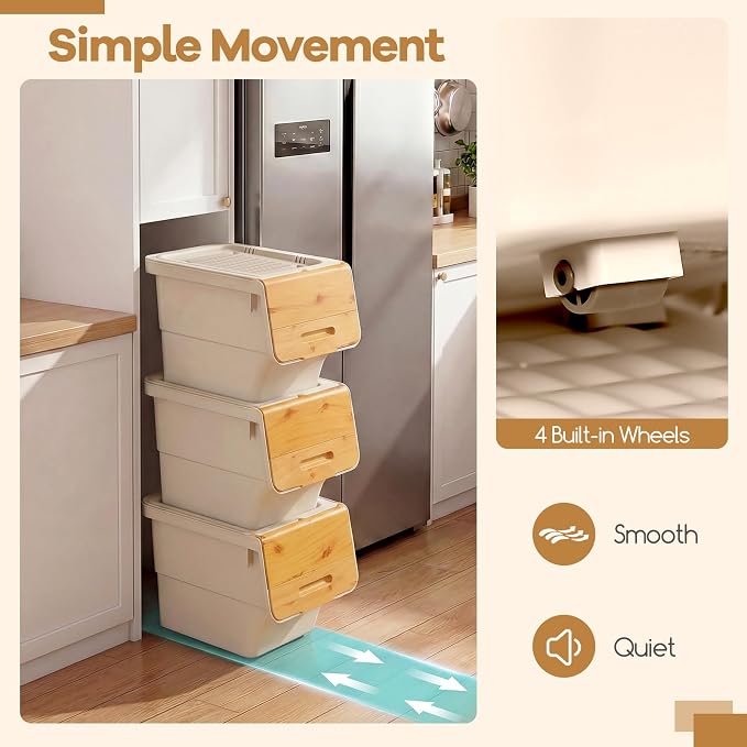 GIANTEX 3 Pack Plastic Stackable Storage Bins with Lids & Wheels, 12.5 QT | Open Front Stacking Bins, Organizer Bins for Pantry, Kitchen, Laundry, Closet, Playroom, Bedroom Organization - Image 8