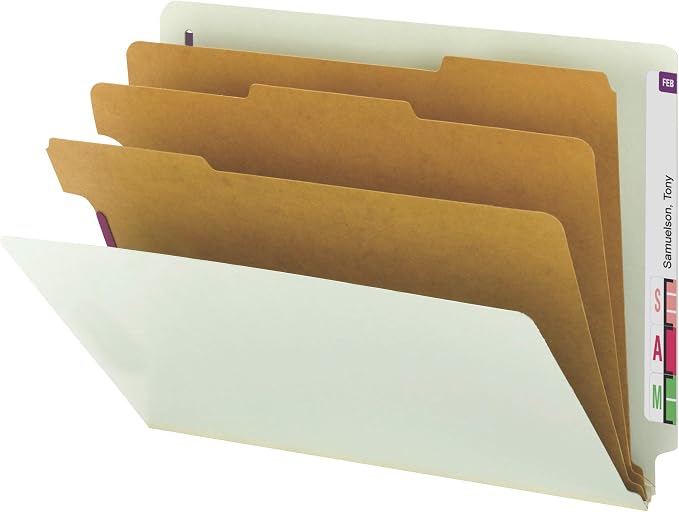 Smead 100% Recycled End Tab Pressboard Classification File Folder with SafeSHIELD Fasteners, 3 Dividers, 3" Expansion, Letter Size, Gray/Green, 10 per Box (26820) by SMEAD