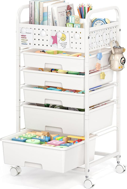 5 Drawer Rolling Storage Cart with Pegboard Top and Hooks, White | Mobile Utility Organizer with Wheels for Office Supplies, Craft Storage, Classroom Organization, Home Storage Cart by SYKIARIOL