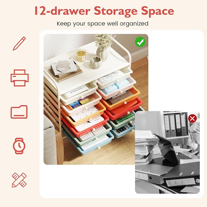 GOFLAME 12-Drawer Rolling Storage Cart, Multifunctional Art Craft Organizer Cart, Mobile Utility Storage Cart with Removable Drawers & Lockable Wheels, Craft Cart for Home Office School, Macaron Color - Image 5