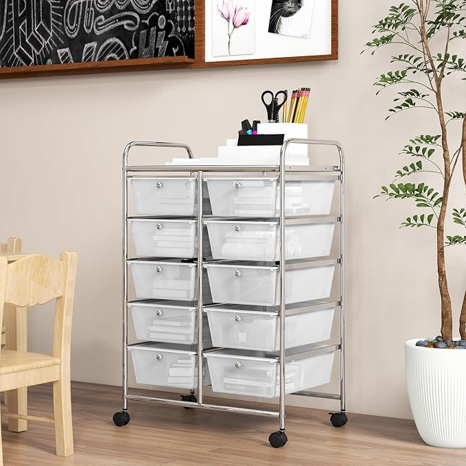 COSTWAY 10 Drawer Rolling Storage Cart, Utility Cart with Lockable Wheels | Mobile Art Supply Craft Organizer with Metal Frame, Multipurpose Drawer Cart for Paper for Office, School, Transparent - Image 7