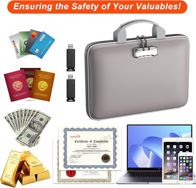 Fireproof File Organizer with Lock, Hard-Shell Document Box, Gray | Water Resistant, 13-Pocket Expanding Folder, Portable Safe Storage for Letter Legal Files, Laptop, Valuables, Large Capacity - Image 5