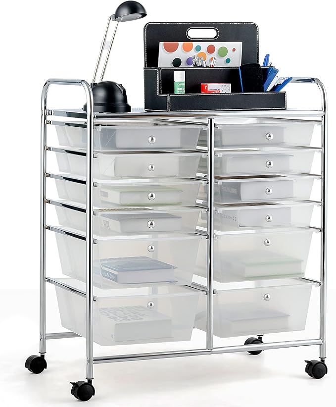 COSTWAY 12-Drawer Rolling Storage Cart, Moveable Art Craft Organizer | Lockable Wheels, Metal Shelf, Files Arrangement Tools Makeup Storage Cart for Office, Home, School (Clear) by COSTWAY