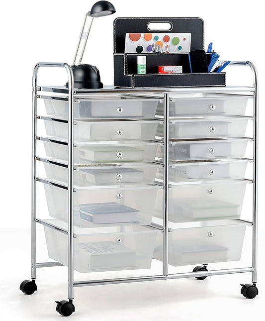 COSTWAY 12-Drawer Rolling Storage Cart, Moveable Art Craft Organizer | Lockable Wheels, Metal Shelf, Files Arrangement Tools Makeup Storage Cart for Office, Home, School (Clear) by COSTWAY