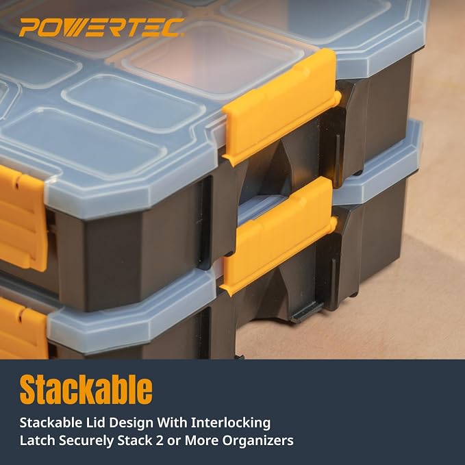 POWERTEC Small Parts Organizer & Tool Box – 14 Compartments, Stackable Storage with Interlocking Latch, Removable Dividers, Clear Lid, Portable Design, 2-Pack (72364-P2) - Image 4