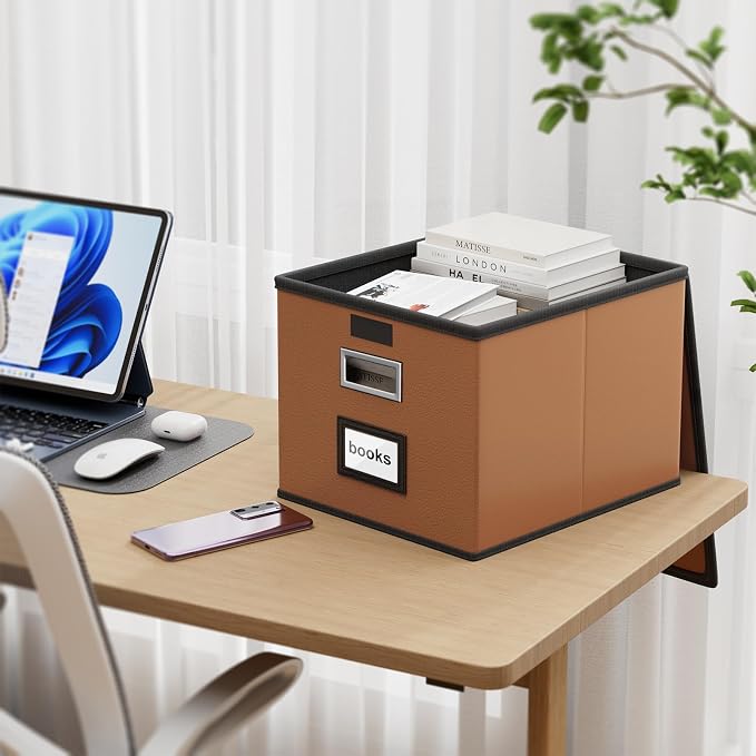 File Organizer Box with Lids, Collapsible File Folder Organizer | File Box with Plastic Slides for Document, Filing Bin for Letter Size Hanging File Folders (1 Pack, Caramel, Leather) - Image 2