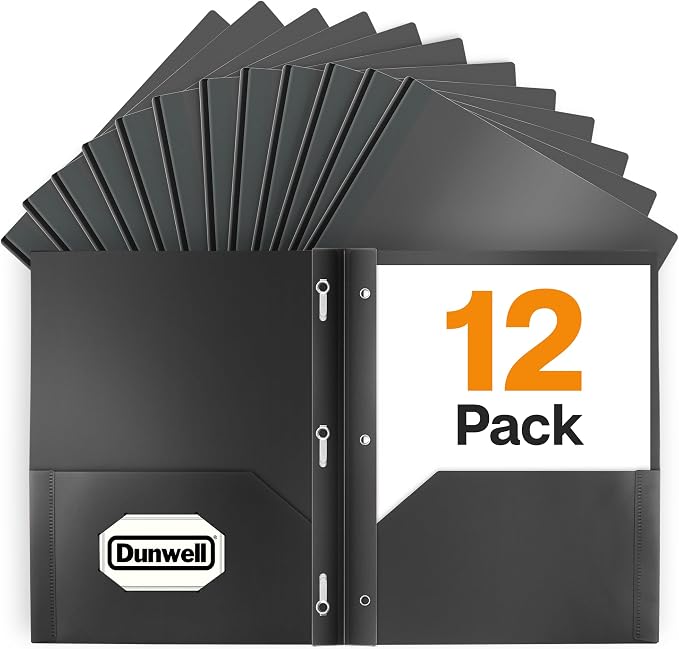 Dunwell Plastic 2-Pocket Folders with 3 Prongs, Black, 12 Pack, Poly | Durable Acid-Free Poly with Fasteners, Long-Term School & Office Use, Includes Labels by Dunwell