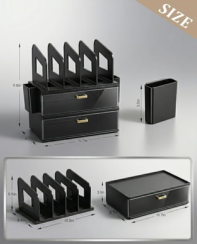LALOBLUE Acrylic Desk Organizer with Drawer and Vertical File Holder, Desk Organizers and Accessories, Multi-Functional Office Supplies Organizer for Home or Work Desk, Black - Image 2