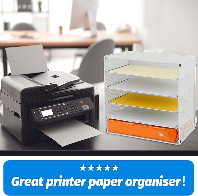 5 Slot Mesh Desk Organizer Tray, File Paper Letter Folder Holder Desktop Paper Sorter Mail Organization Rack Storage Accessories, for Office Home School Classroom, White - Image 4