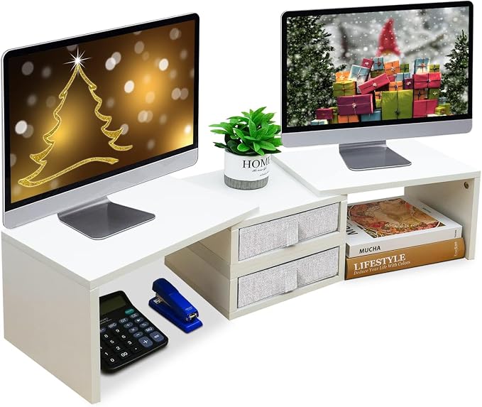 TEAMIX Dual Monitor Stand Riser with 2 Drawers - Length and Angle Adjustable White Monitor Stand with Storage Large Computer Riser for 2 Monitors/Laptop/PC, Wood Screen/TV Stand Desk Organizer by TEAMIX