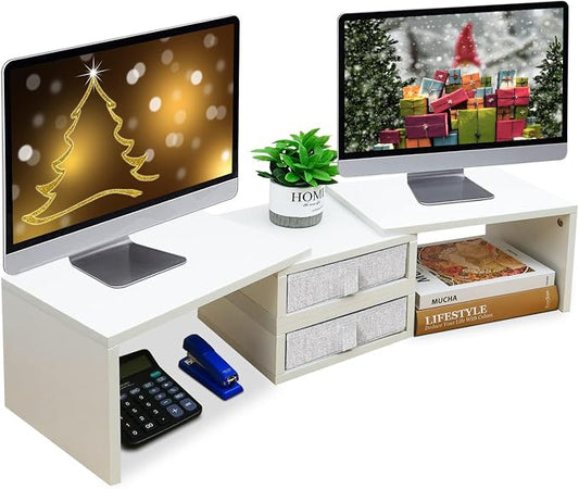 TEAMIX Dual Monitor Stand Riser with 2 Drawers - Length and Angle Adjustable White Monitor Stand with Storage Large Computer Riser for 2 Monitors/Laptop/PC, Wood Screen/TV Stand Desk Organizer by TEAMIX
