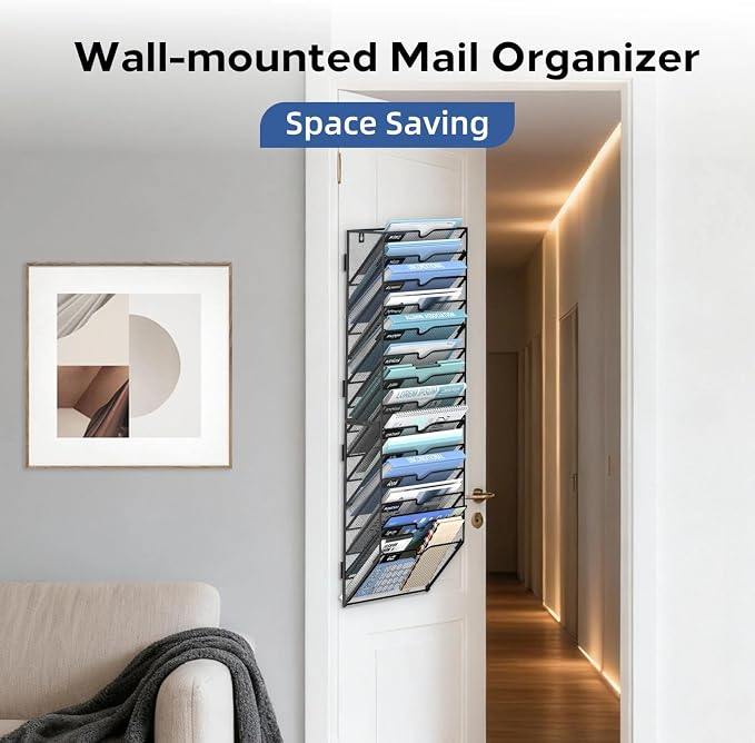 14-Tier Wall File Organizer and Hanging File Organizer, Black | Wall Organizer and Wall Mounted File Holder with 14 Pockets and Label Panels for Files, Mail, Folders, Magazines and Paper - Image 6