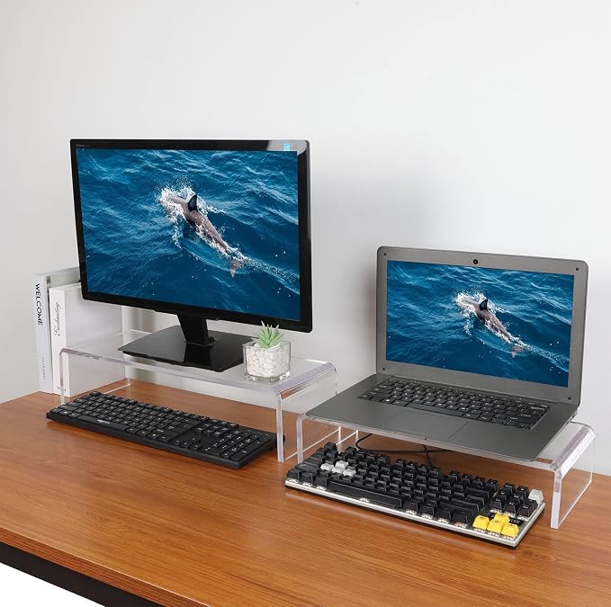 2 Pack Computer Monitor Riser with keyboard cover Anti-Cat, Dual Monitor Stand Riser, Multimedia Desktop Stand for Dual Monitors/Laptop/Flat Screen TV (20"+14") - Image 2