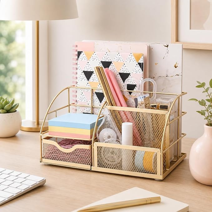 Exerz Desk Organizer Metal Mesh 7 Compartments Office Tidy Caddy Gold | Compact Gold Metal Mesh Design with Drawer and Multi Size Sections for Pens Notes Papers and Home Office Items - Image 9