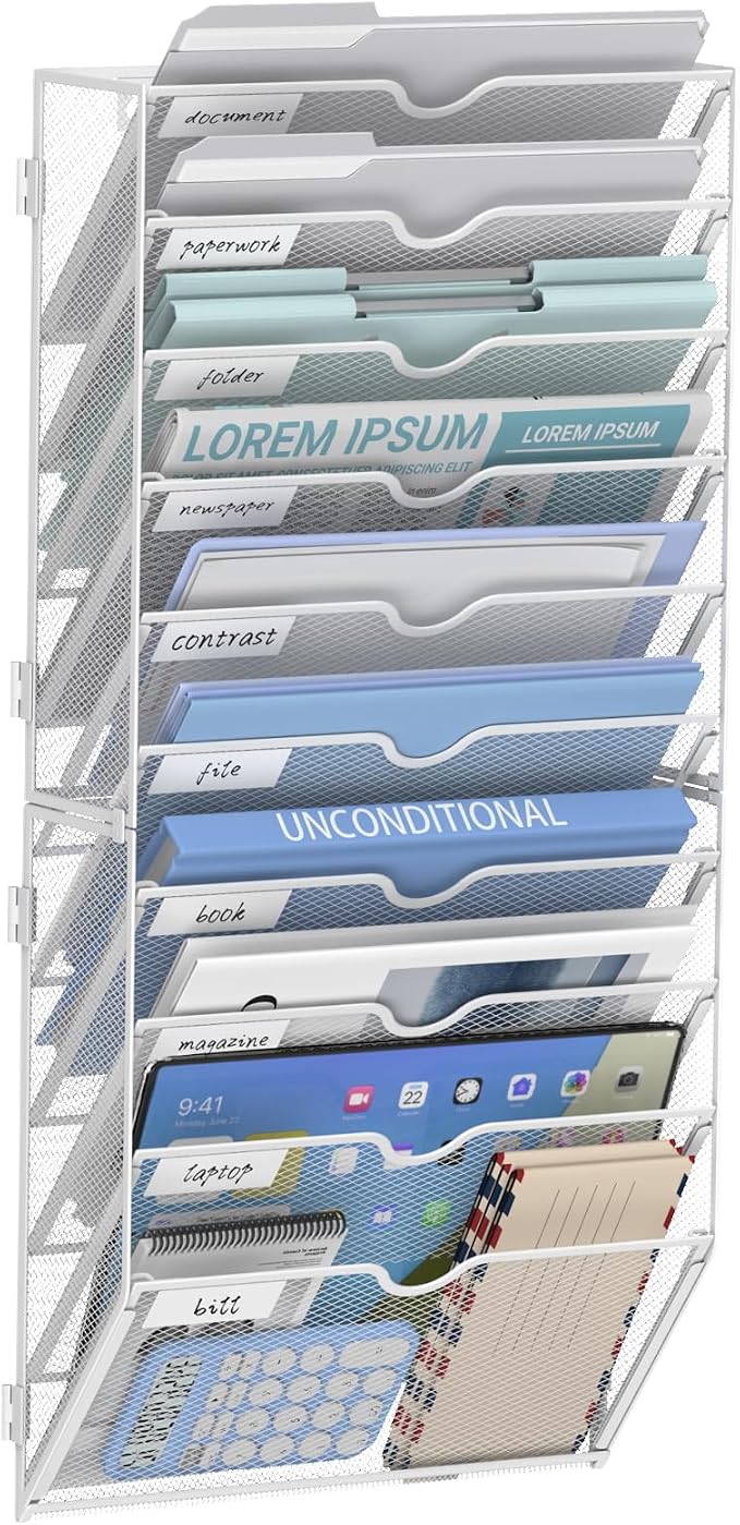 14-Tier Wall File Organizer and Hanging File Organizer, White | Wall Organizer and Wall Mounted File Holder with 14 Pockets and Label Panels for Files, Mail, Folders, Magazines and Paper by JMHUD