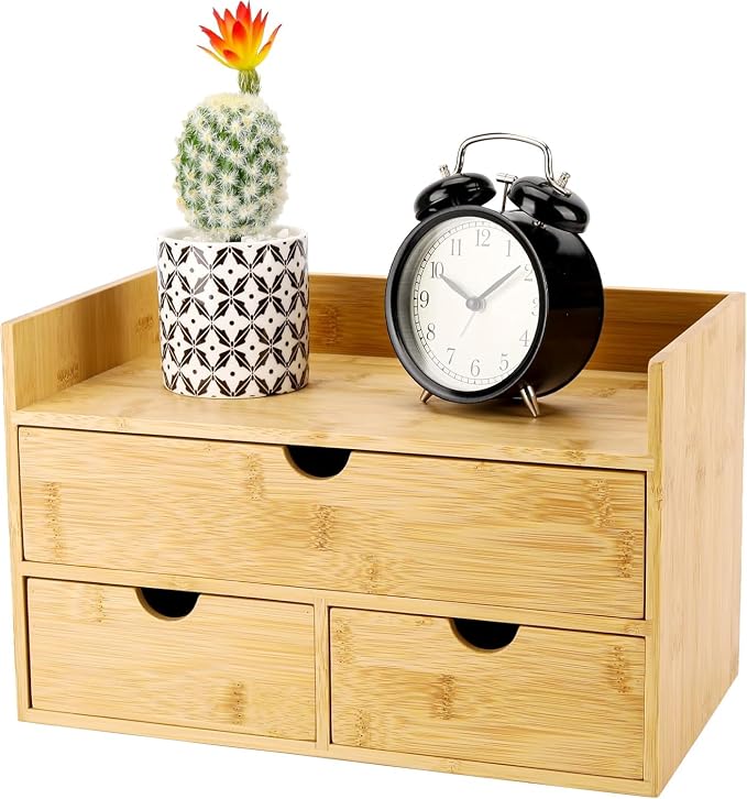 Charmewooden Bamboo Desk Organizer 3 Drawer with shelf, Countertop Organizer with Drawers Makeup Storage Drawer 3 Drawers Tabletop Storage Organization Box Home Office Workspace by Charmewooden