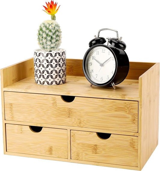 Charmewooden Bamboo Desk Organizer 3 Drawer with shelf, Countertop Organizer with Drawers Makeup Storage Drawer 3 Drawers Tabletop Storage Organization Box Home Office Workspace by Charmewooden