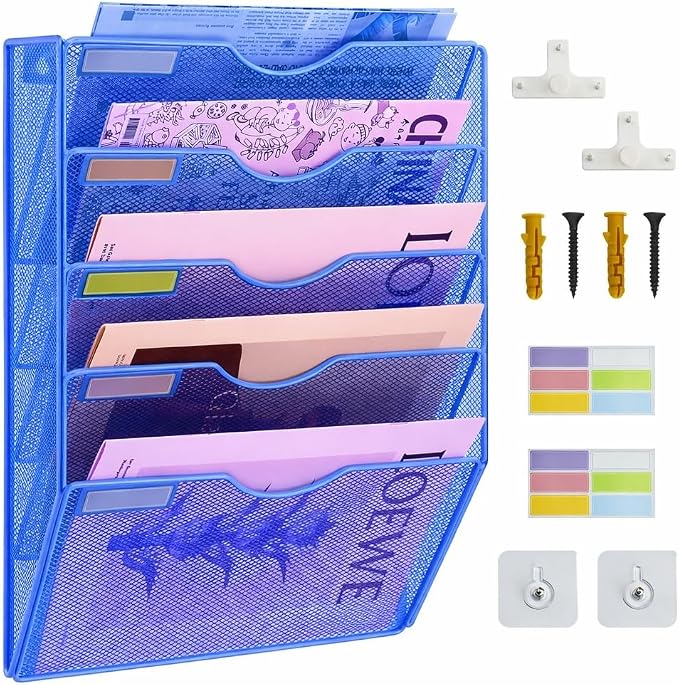 5 Pockets Mesh Wall File Holder Organizer Office Hanging File Folder Magazine Rack, Nametag Label Hooks Set Included (Blue) by ideallife