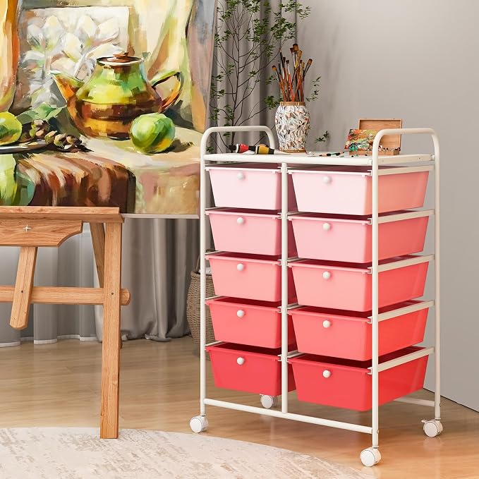COSTWAY 10 Drawer Rolling Storage Cart, Utility Cart with Lockable Wheels | Mobile Art Supply Craft Organizer with Metal Frame, Multipurpose Drawer Cart for Paper for Office, School, Mixed Pink - Image 2