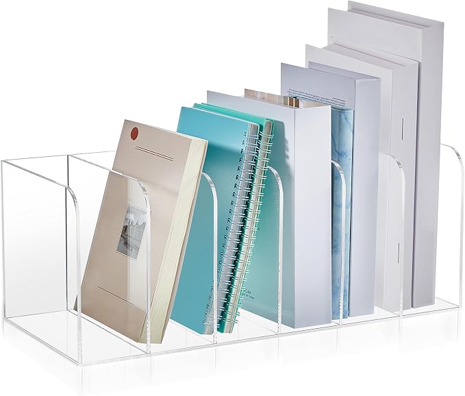 Suzile Clear Acrylic Magazine File Holder with Vertical Compartments Desk Organizer Book Rack for Desk Sorter Paper Folder Office Accessories(Clear,16.1 x 7.2 x 6.5 Inch) by Suzile