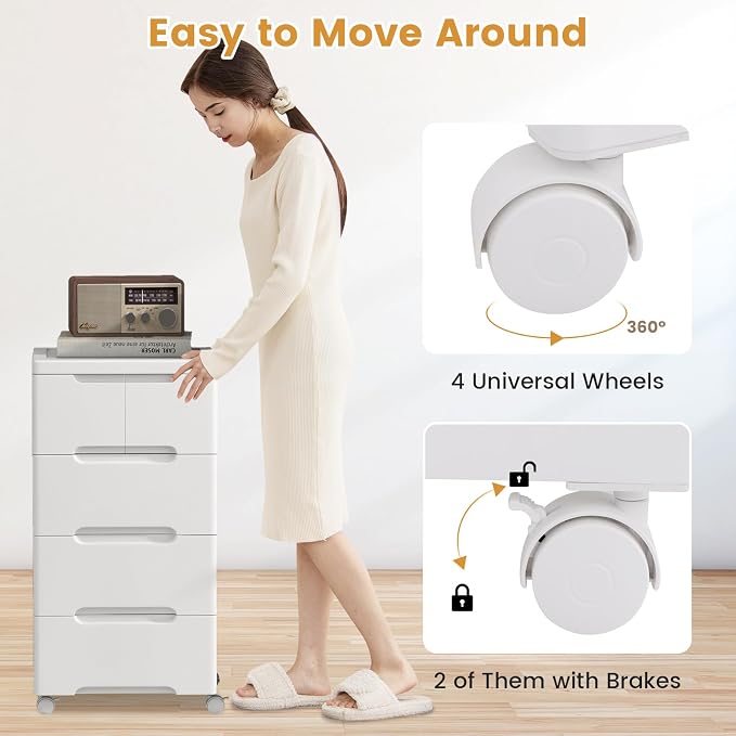 5-Drawer Plastic Rolling Storage Cart (16"x13"x31") | Mobile Storage Cabinet | Vertical Storage Tower Container Unit | 4 Universal Wheels | For Living Room, Home Office - Image 7