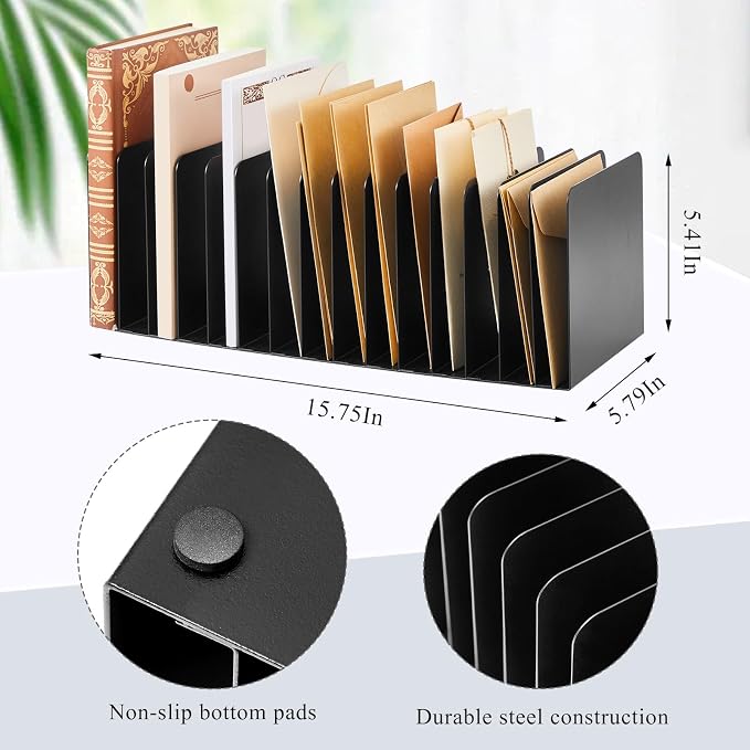 Suzile 2 Pcs Vertical Metal Desk File Organizer, 15 Compartments Desktop Document Sorter & Mail Holder for Office Home Classroom, 15.75 l x 5.79 W x 5.41 H, Black - Image 2