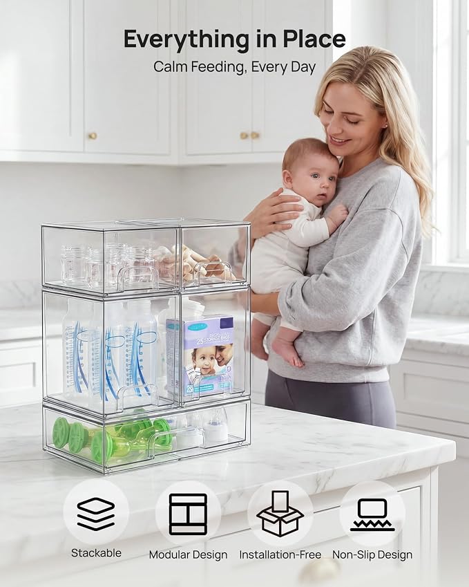 Vtopmart Stackable Storage Drawers Set of 7, Clear Plastic Organizer Bins for Baby Bottle, Beauty Supplies Storage, Ideal for Kichen Countertop, Vanity, Bathroom, Cabinet, Pantry Organization - Image 4