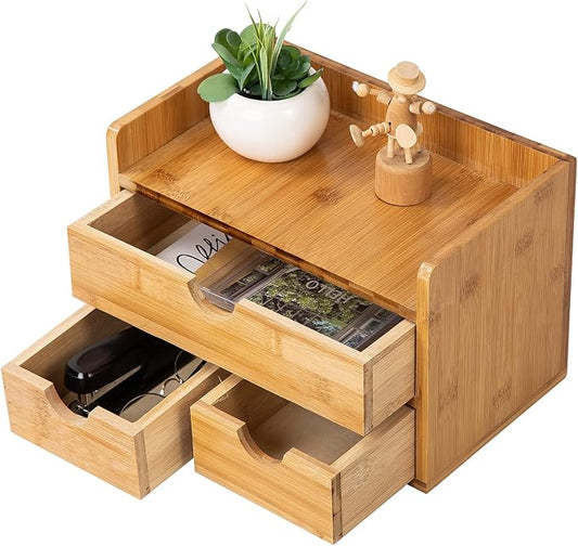 Rustic Bamboo Desk Organizer with Drawers,3-Drawer Desktop Storage Box | 3 Drawers Mini Open Top Shelf Pens, Notes, Makeup, Jewelry & Toiletries for Office, Bath Toiletries Vanity Office Supplies by VERGOODR