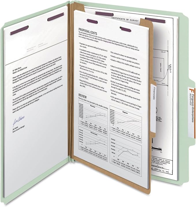 Smead Pressboard Classification File Folder with SafeSHIELD Fasteners, 1 Divider, 2" Expansion, Letter Size, Gray/Green, 10 per Box (13776) - Image 6