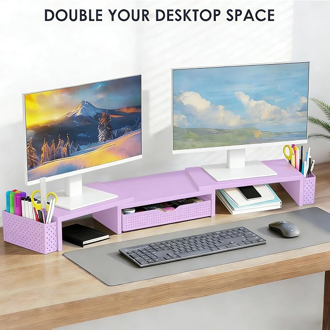 Spacrea Metal Desk Organizers and Accessories, Dual Monitor Stand Riser with Drawer and 2 Pen Holders, Desk Accessories & Workspace Desktop Organizers for Office Supplies (Purple) - Image 4