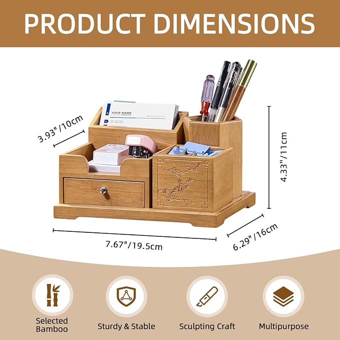 Bamboo Desk Organizer with Drawer & Pen Holder, Office Desk Caddy Storage | Natural Bamboo Wooden Desk Organizers and Accessories with Drawers Multi-Compartment Desktop Storage for Office Home Supplies - Image 2