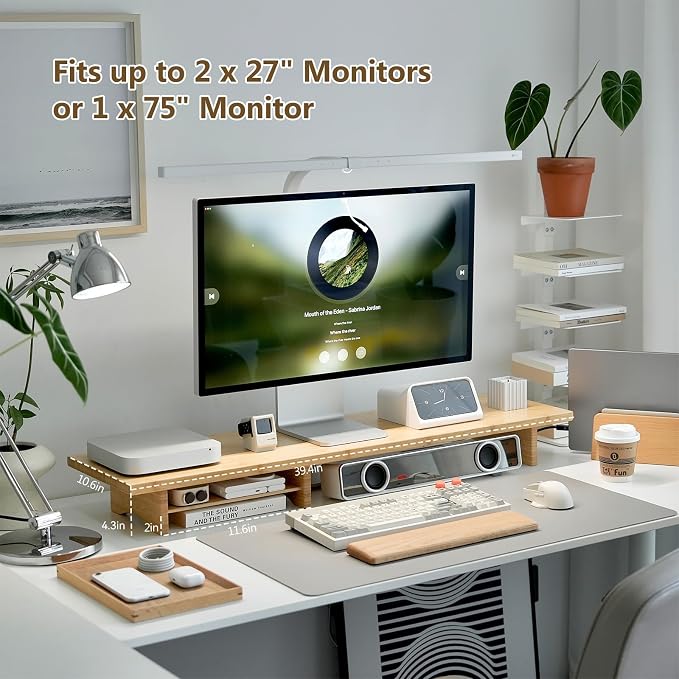 Bamboo Dual Monitor Stand Riser, 2-Tier Desk Shelf with Storage | 39.37-Inch Wide, 300 lbs Capacity, Removable Shelf for Monitors, Printer or TV in Home office, Natural - Image 9