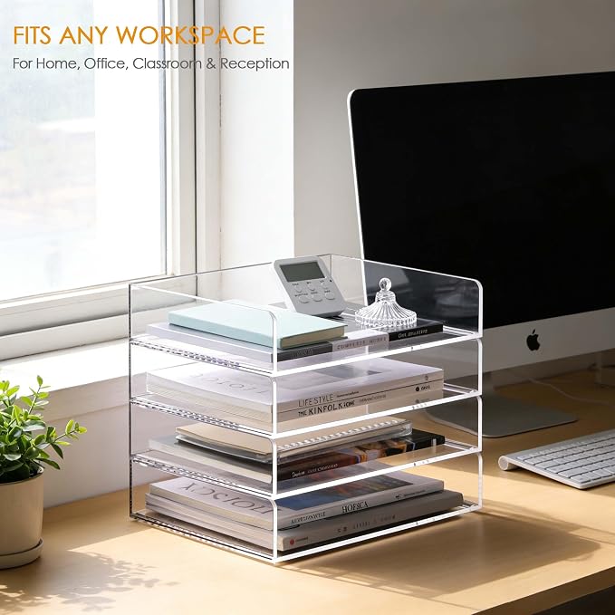 Acrylic Desk Organizer, Stackable Paper Organizer Letter Tray, 4-Tier | Clear Desk Organizers and Accessories, Office Supplies Organizer for Files, A4 Paper, Books, Mails, Office Classroom Home - Image 5