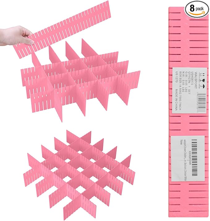 Adjustable Drawer Dividers, Cut to Fit Plastic Organizer Strips, 8-Pack | Plastic Drawer Dividers for Organizing Utensils Socks Underwear Makeup in Kitchen Bedroom Drawers Bins Fridge Compartments by Albad