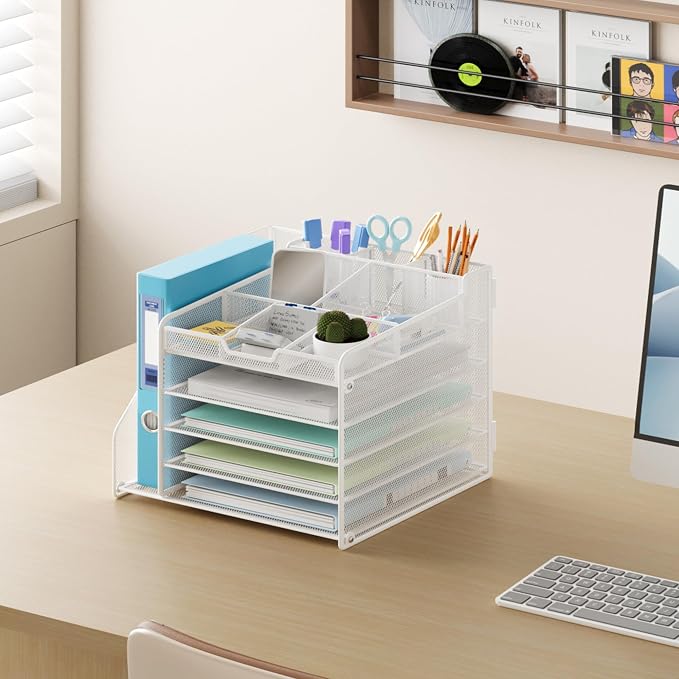 Lavatino Desk Organizer with File Holder, White 5-Tier Adjustable Paper Letter Tray for Office or Home Desk Organizers - Image 4