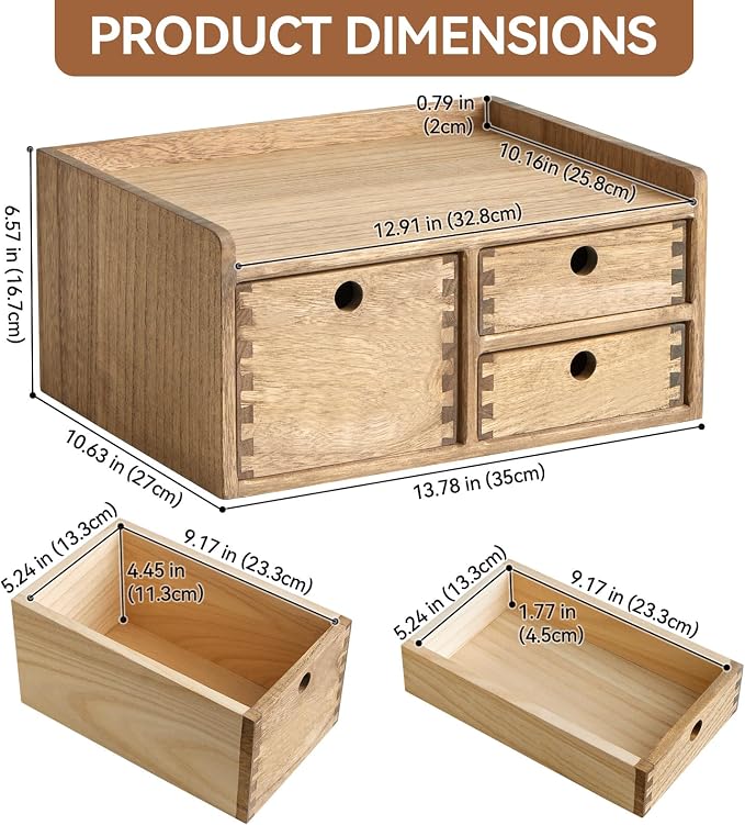 KIRIGEN Wooden Desk Organizer with 3 Drawers and Top Tray, Brown DT1D3C-DBR | 3-Drawer Cabinet with Top Tray Stores Office Supplies, Toiletries, Tools, Crafts, and Small Accessories on Desks or Counters - Image 2