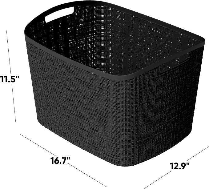 Curver Set of 2 XL 30.5L Jute Decorative Plastic Organization and Storage Baskets - Perfect Bins for Home Office, Closet Shelves, Kitchen Pantry and All Bedroom Essentials, Black - Image 2