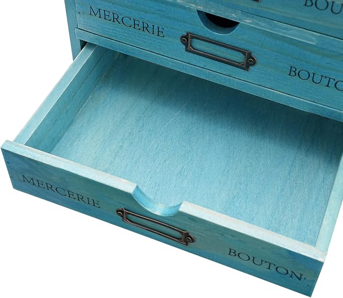 Wooden Desktop Organizer, 5PCS Retro Storage Cabinet Box with Drawers, Mini Tabletop Craft Box Cosmetic Storage Drawer, Portable Desk Letter Mail Sorter for Office Home (Blue) - Image 7