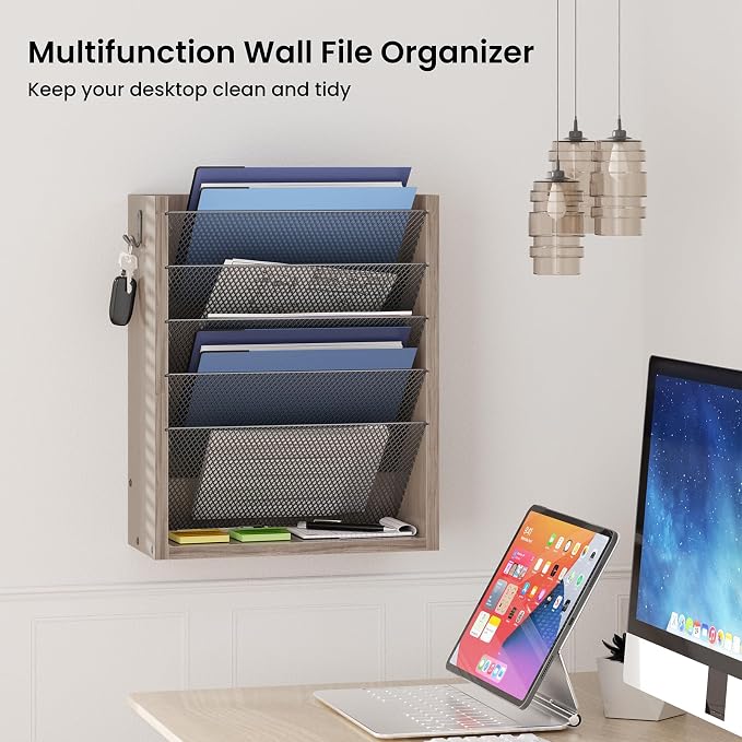 Mail Organizer Wall Mounted, 6-Slot Hanging File Organizer with Key Holder | Mail Sorter, Wood Letter Holder for Envelopes Bills Magazine Folders Papers Accessories for Home Office, Greige - Image 4