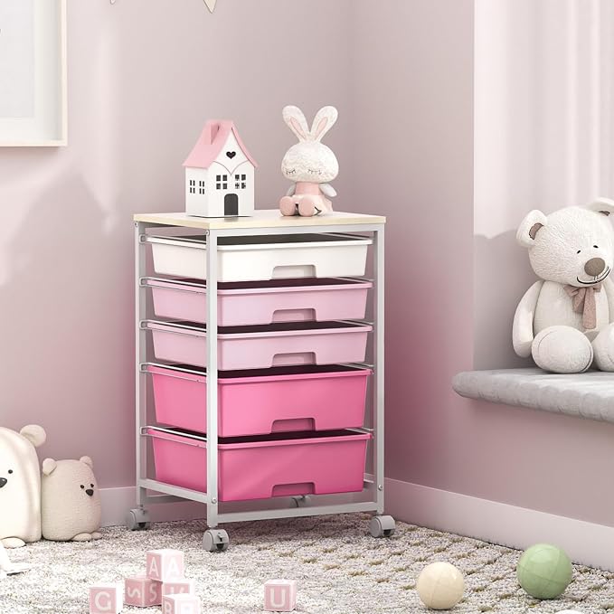 SYKIARIOL Utility Cart with Drawers,5 Drawers Storage Cart,Rose Pink | 5-Tiers Drawer Cart with Wooden Top with Lockable Wheels for Craft Organizers and Storage,Home Office,Classroom,Dorm,Playroom - Image 9