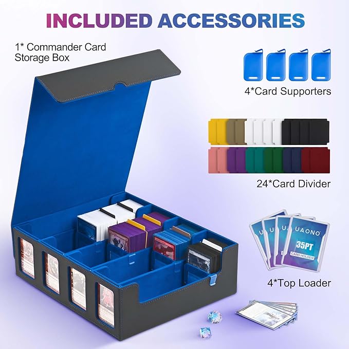 UAONO Trading Card Storage Box with Commander Display, Black Blue | 2400+ Deck Box for MTG with Removable Cover, Top Loaders Card Case Fits Magic TCG PTCG Sports Cards, 24 Dividers, 4 Stoppers - Image 3