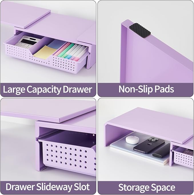 LEKETREE Dual Monitor Stand Riser with Drawer, Desk Organizer and Accessories, Metal Laptop Stand for Desk, Workspace Desktop Stand for Computer, Laptop, TV and More (Purple) - Image 6